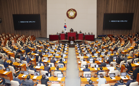 우원식 국회의장이 14일 오후 국회 본회의에서 윤석열 대통령 탄핵소추안 가결을 선포하고 있다. [연합뉴스 제공]